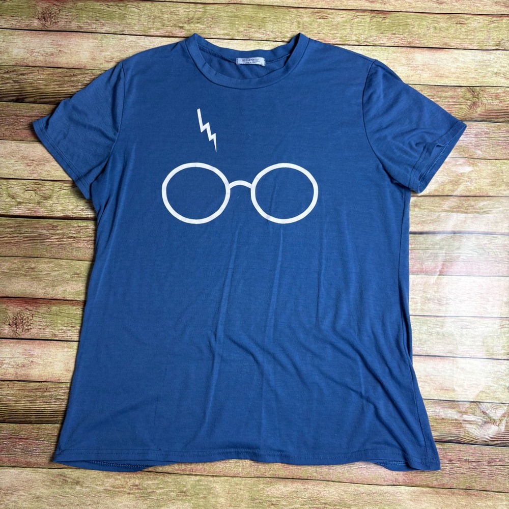 Meaneor Women's Blue Harry Potter Graphic T-Shirt Glasses Lightning Bolt Scar L